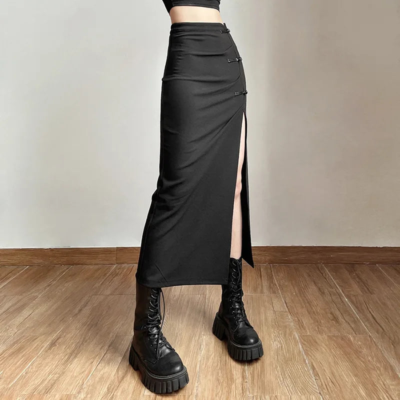 curved edge skirts -Women Skirt Mid-length Solid A-line Waist Sexy Slits Slim Streetwear High Long Hip-covering Black