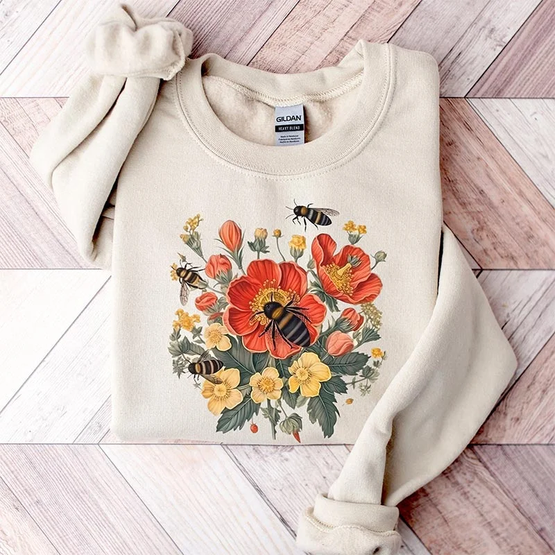 doodle slogan sweatshirts -Cute Bee Botanical Sweatshirt