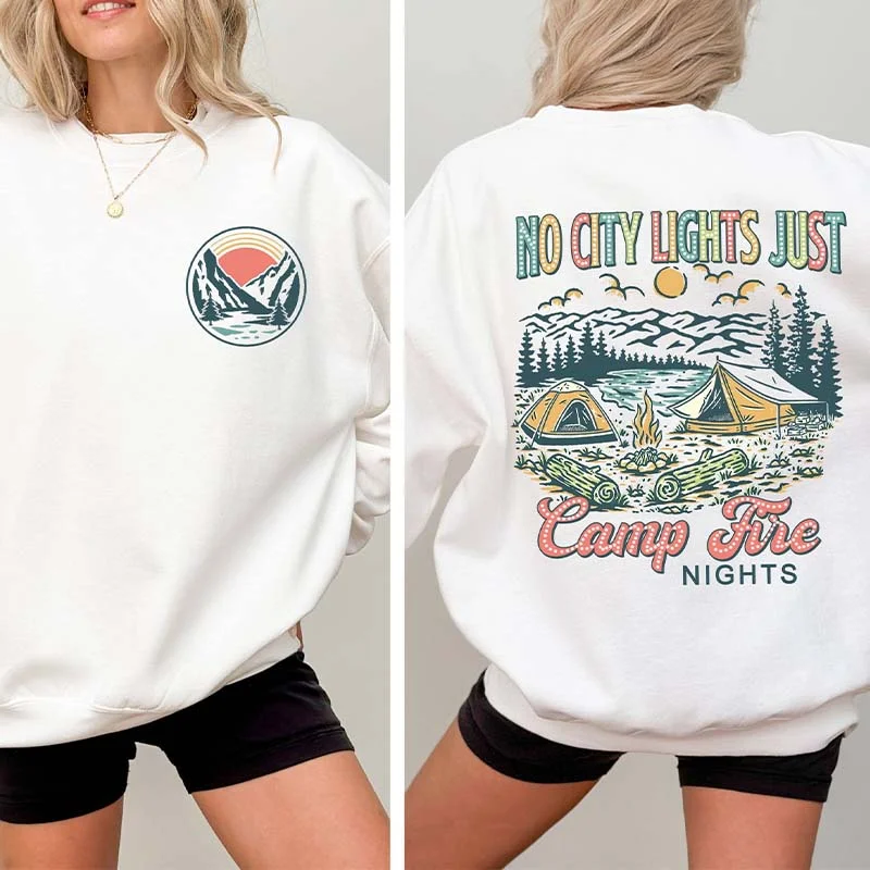 tide print sweatshirts -No City Lights Just Camp Fire Nights School Sweatshirt