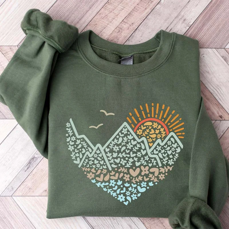 light sweatshirts for girls -Mountain Heart Sunset Camping Sweatshirt