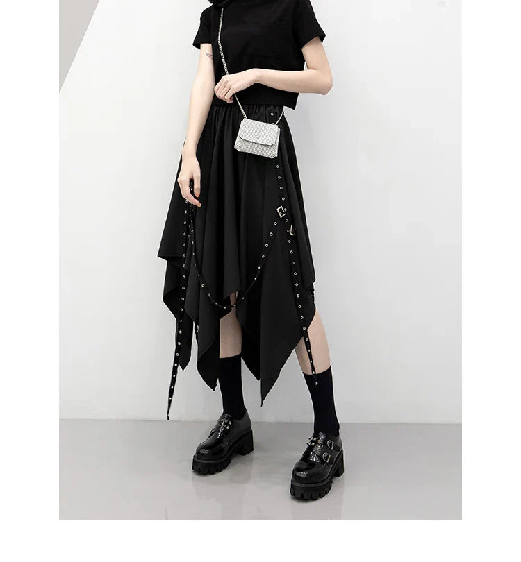 lined warm skirts -Skirt Long Irregular Y2k Wind Tie Weave Buckle Street Dark