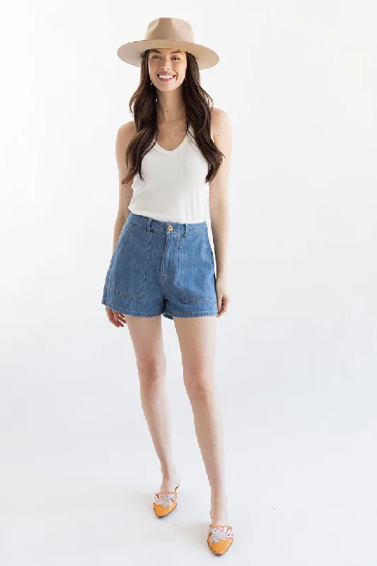 cozy knit shorts -Trouser Denim Shorts with Tan Stitching