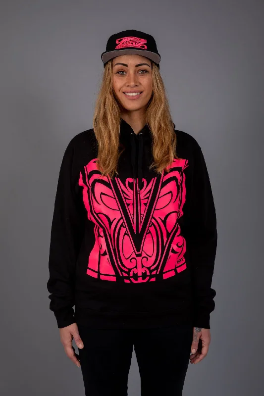 chill hoodies horror -Maori Unisex Hoodie Black with Pink [Fluro] design