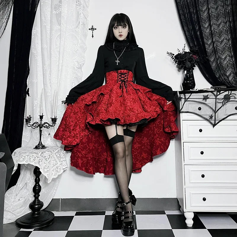 plaid timeless skirts -Party Irregular Long Shirring Costumes Corset Sexy High Skirt Pleated Low Maxi Gothic SteamWomen