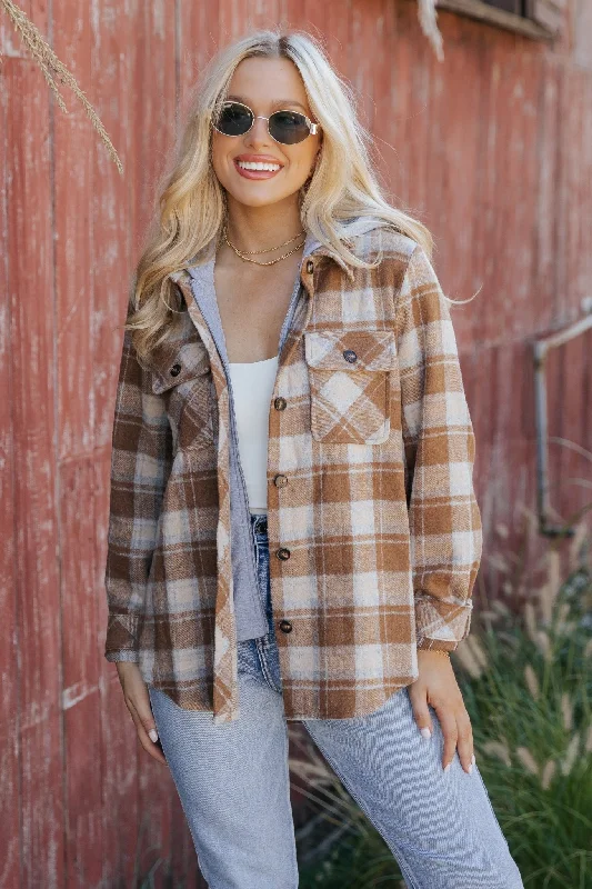 wet-safe softshell jackets -Brown Plaid Hooded Shacket - FINAL SALE