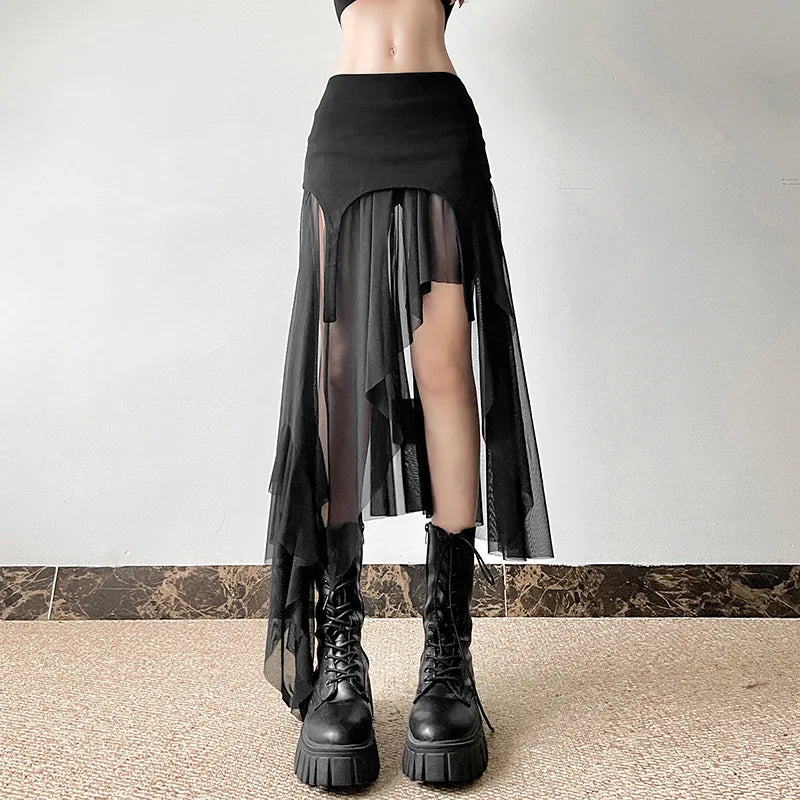 quirky pattern skirts -Streetwear Irregular Cyber Mesh Y2K Fashion Hem Alt Goth Patchwork Skirt Mid Harajuku Club