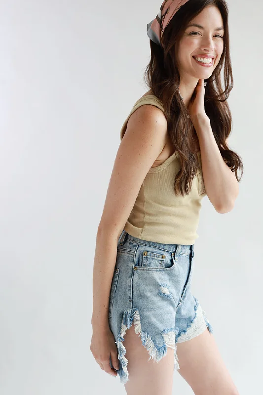 sustainable bamboo shorts -Distressed Washed Denim Shorts