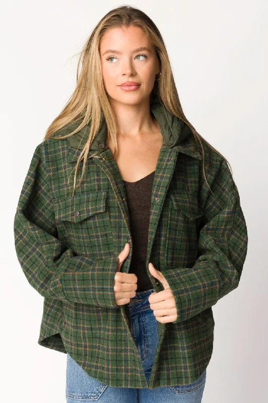 field softshell jackets -Jilly Plaid Jacket with Detachable Hood in Evergreen