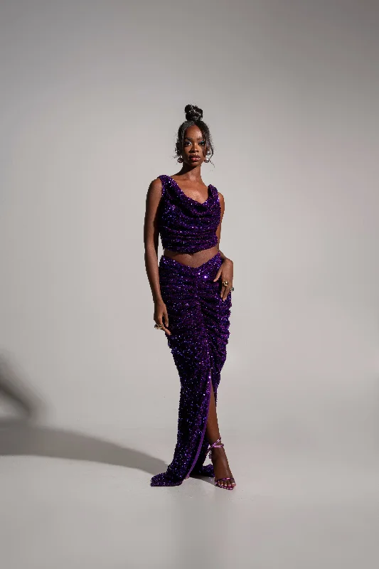 cozy long skirts -JESS Sequin Ruched Skirt in AMETHYST