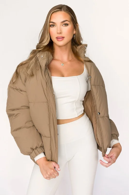 plush softshell jackets -Jasmine Oversized Puffer Jacket in Khaki