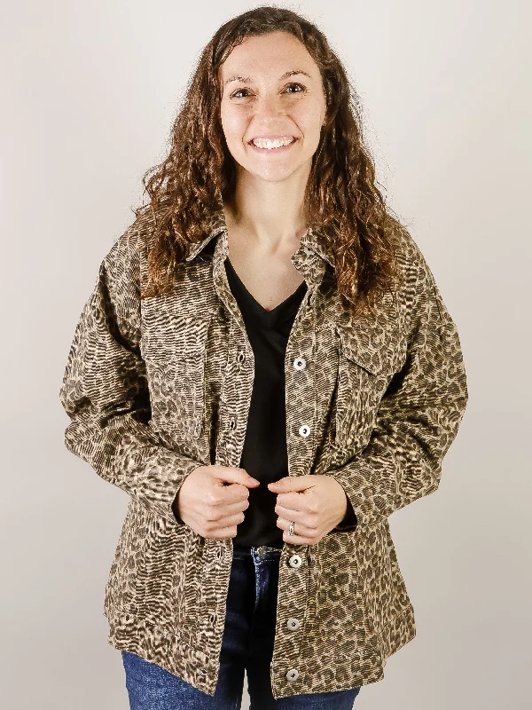 warm wool jackets cozy -Mocha Leopard Twill Jacket