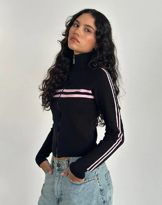 wind-sealed softshell jackets -Talisa Zip Through Jacket in Black with Pink Stripe