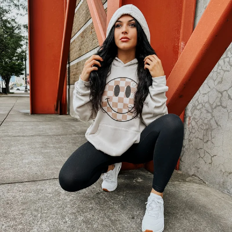 sharp design hoodies -Neutral Checkerboard Smiley Hoodie