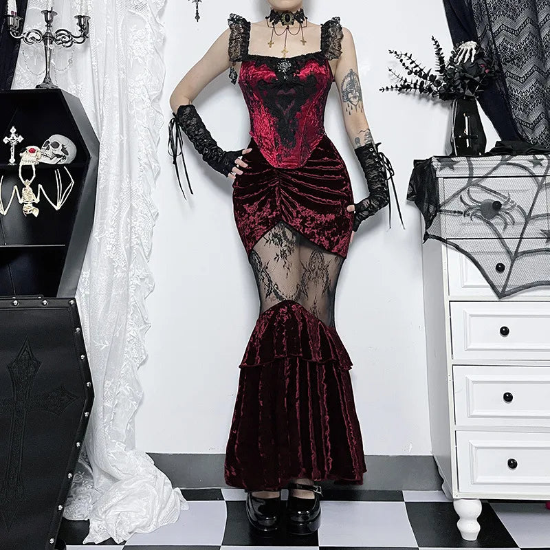 versatile work skirts -Gothic Women Sexy Lace Grunge Velvet Fairy Black Skirt Fishtail Stitching Fall