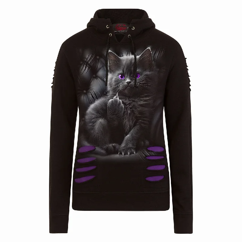 quest hoodies adventure -CATTITUDE - Large Hood Ripped Hoody Purple-Black