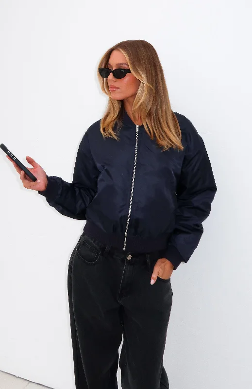 wide wool jackets -Walk On Out Bomber Jacket Navy