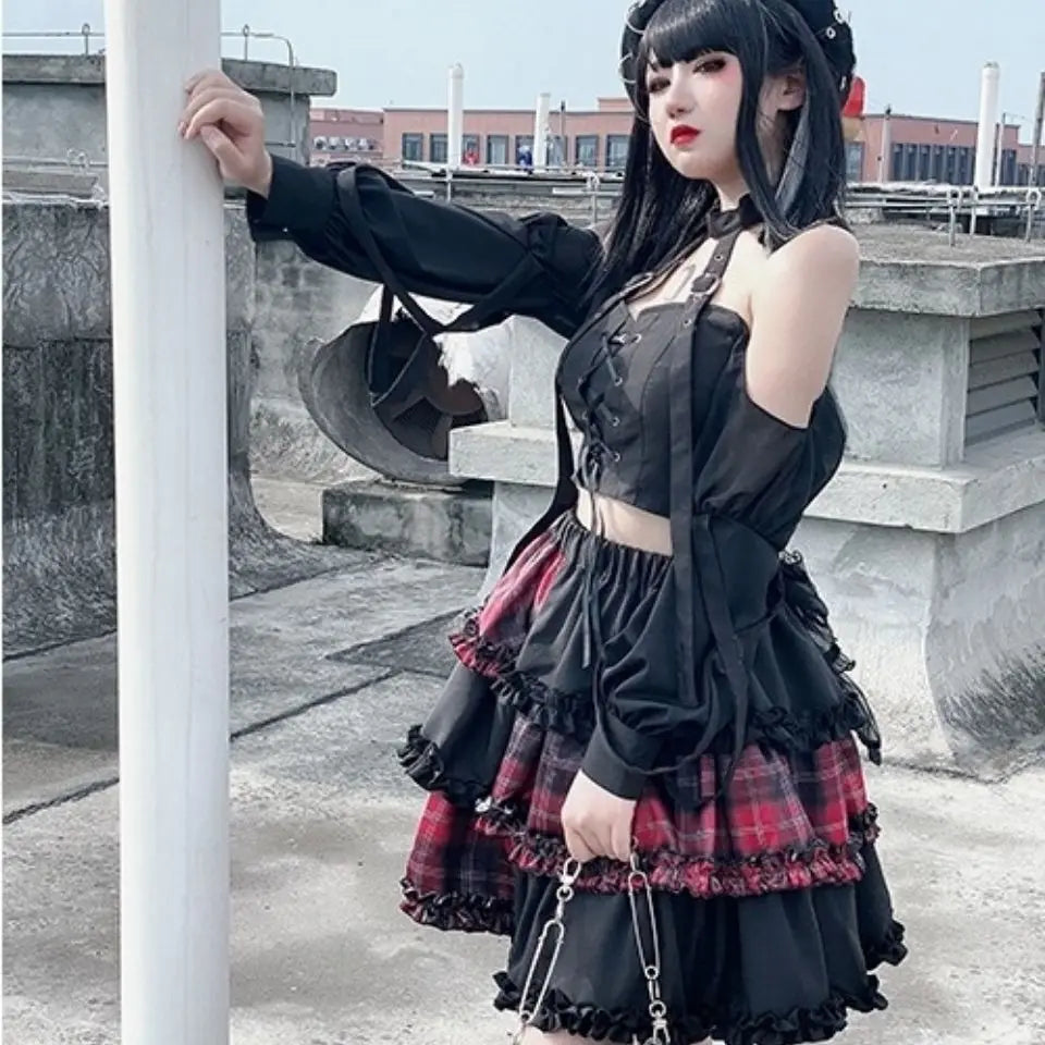 hem flowy skirts -Rock Stitching Skirt Spice Cosplay Red High Plaid Girl Waist Harajuku Two-dimensional Dark Petticoat A-line