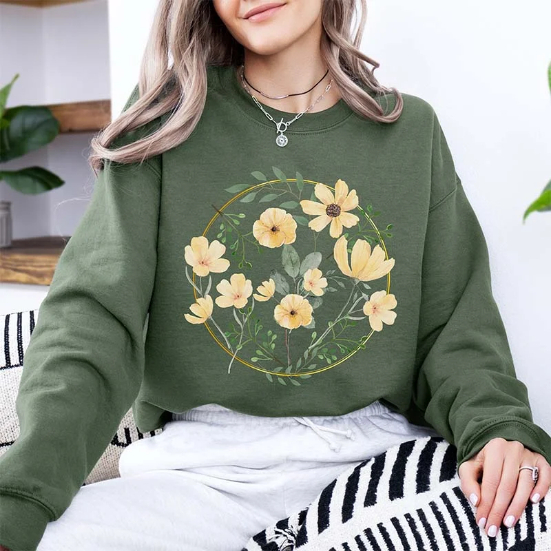 doodle design sweatshirts -Yellow Wildflower Trendy Floral Sweatshirt