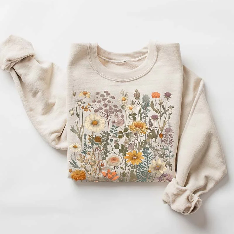 rose design sweatshirts -Pressed Wild Flowers Nature Sweatshirt