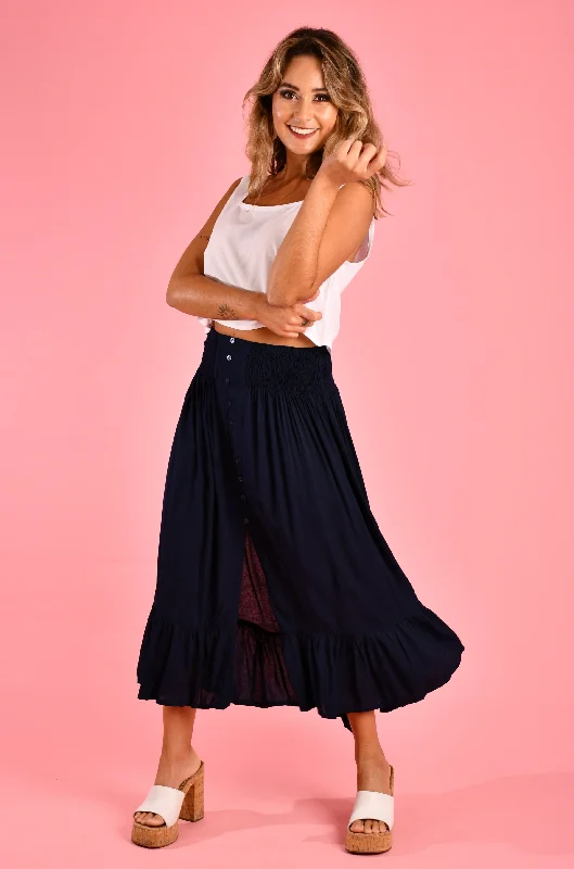 long plush skirts -VGLK050 - ROUCHED SKIRT WITH BUTTON DETAIL - NAVY