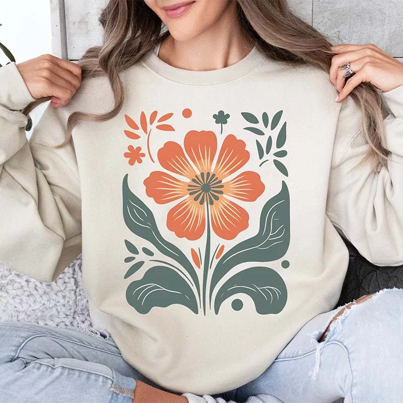 retro modern sweatshirts -Boho Women Flower Minimalist Sweatshirt