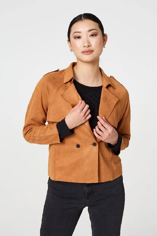 large fleece jackets -Suede Texture 3/4 Sleeve Cropped Trench Coat