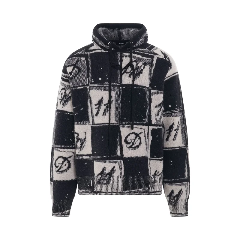 sharp chic hoodies -Chess Board Graphic Knit Hoodie in Black