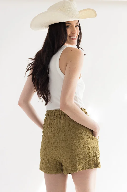 neat slim shorts -Olive Textured Shorts with Elastic Waist Band