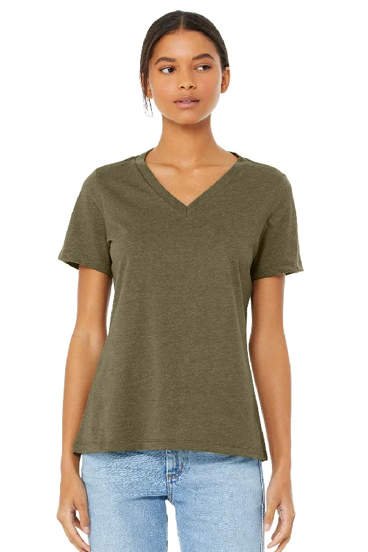 floral vibrant t-shirts -Bella + Canvas Womens CVC Short Sleeve V-Neck T-Shirt - Heather Olive Green