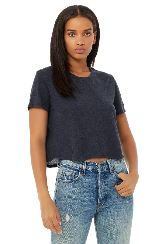 short casual t-shirts -Bella + Canvas Womens Flowy Cropped Short Sleeve Crewneck T-Shirt - Heather Navy Blue