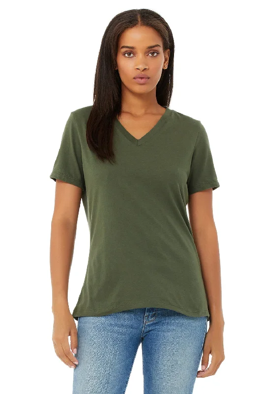 casual short t-shirts -Bella + Canvas Womens Relaxed Jersey Short Sleeve V-Neck T-Shirt - Military Green