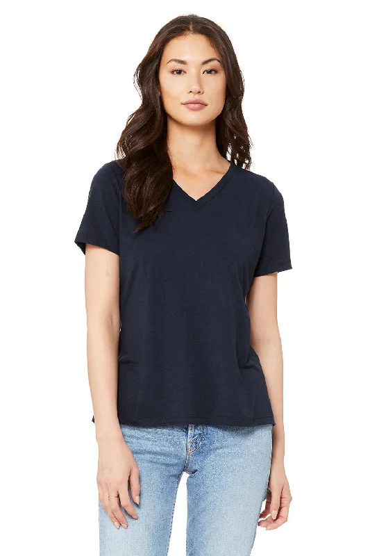 flared trim t-shirts -Bella + Canvas Womens Short Sleeve V-Neck T-Shirt - Solid Navy Blue