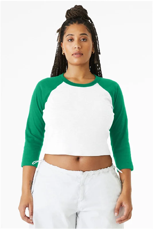 relaxed Friday t-shirts -Bella + Canvas Womens Micro Ribbed Raglan 3/4 Sleeve Crewneck Baby T-Shirt - White/Kelly Green