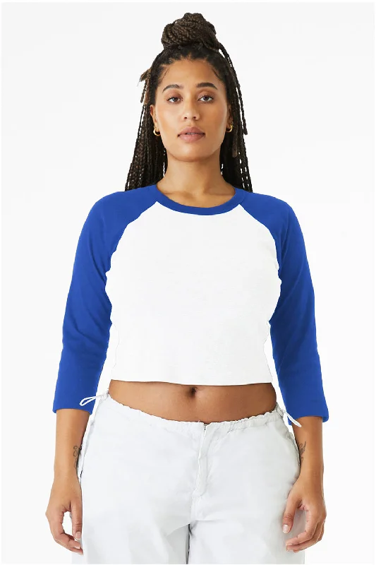 mock stylish t-shirts -Bella + Canvas Womens Micro Ribbed Raglan 3/4 Sleeve Crewneck Baby T-Shirt - White/True Royal Blue