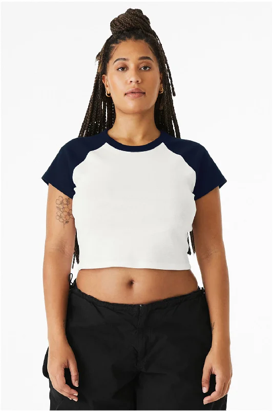 creative tie-dye t-shirts -Bella + Canvas Womens Micro Ribbed Raglan Short Sleeve Crewneck Baby T-Shirt - White/Navy Blue