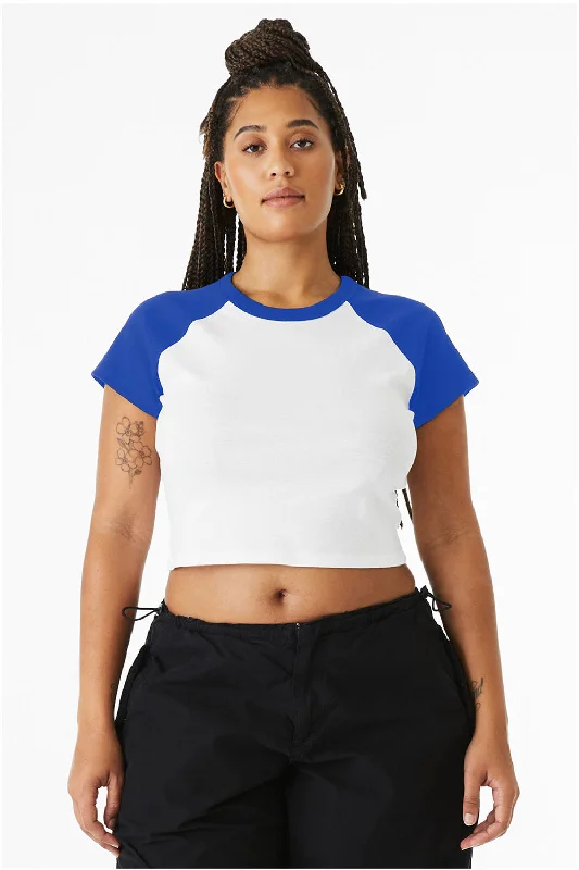 laid-back weekend t-shirts -Bella + Canvas Womens Micro Ribbed Raglan Short Sleeve Crewneck Baby T-Shirt - White/True Royal Blue