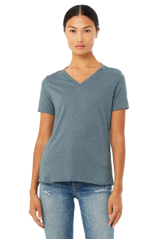 fitness solid t-shirts -Bella + Canvas Womens Relaxed Jersey Short Sleeve V-Neck T-Shirt - Heather Slate Blue