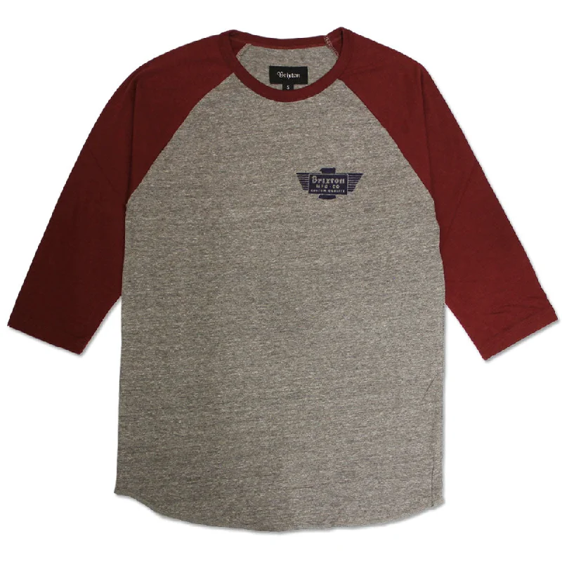 sleek boat neck t-shirts -Brixton Cylinder 3/4 Sleeve Baseball T-Shirt Heather Grey Burgundy