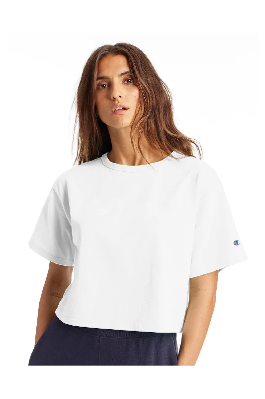 check bold t-shirts -Champion Womens Heritage Cropped Short Sleeve Crewneck T-Shirt - White