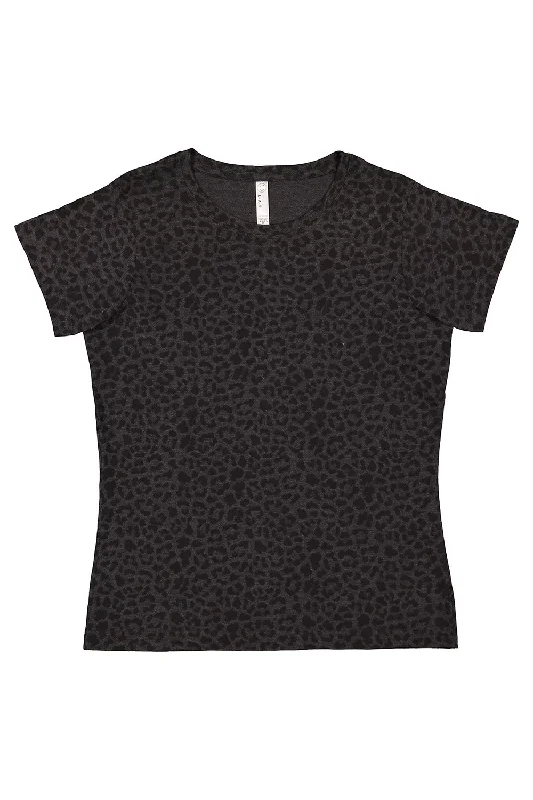 flowy hem t-shirts -LAT Womens Fine Jersey Short Sleeve Crewneck T-Shirt - Black Leopard