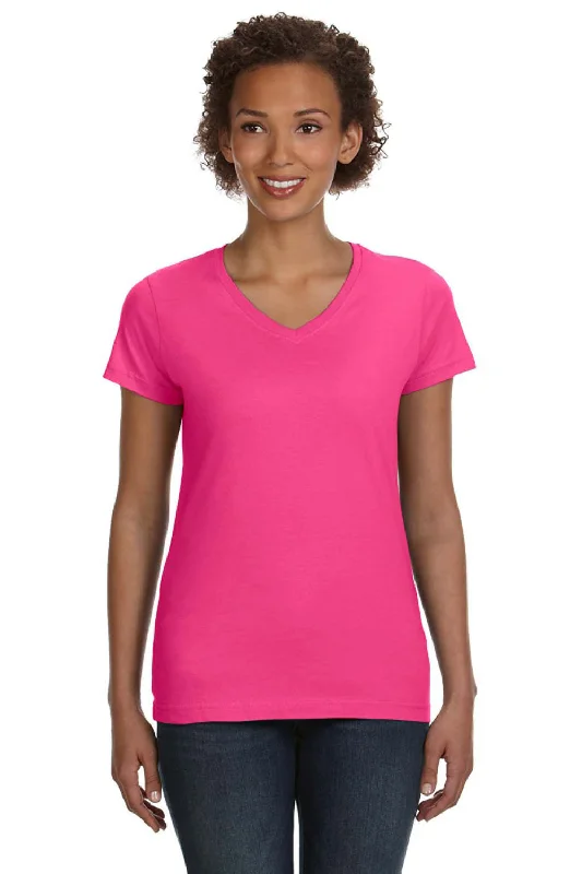 hem flowy t-shirts -LAT Womens Fine Jersey Short Sleeve V-Neck T-Shirt - Hot Pink