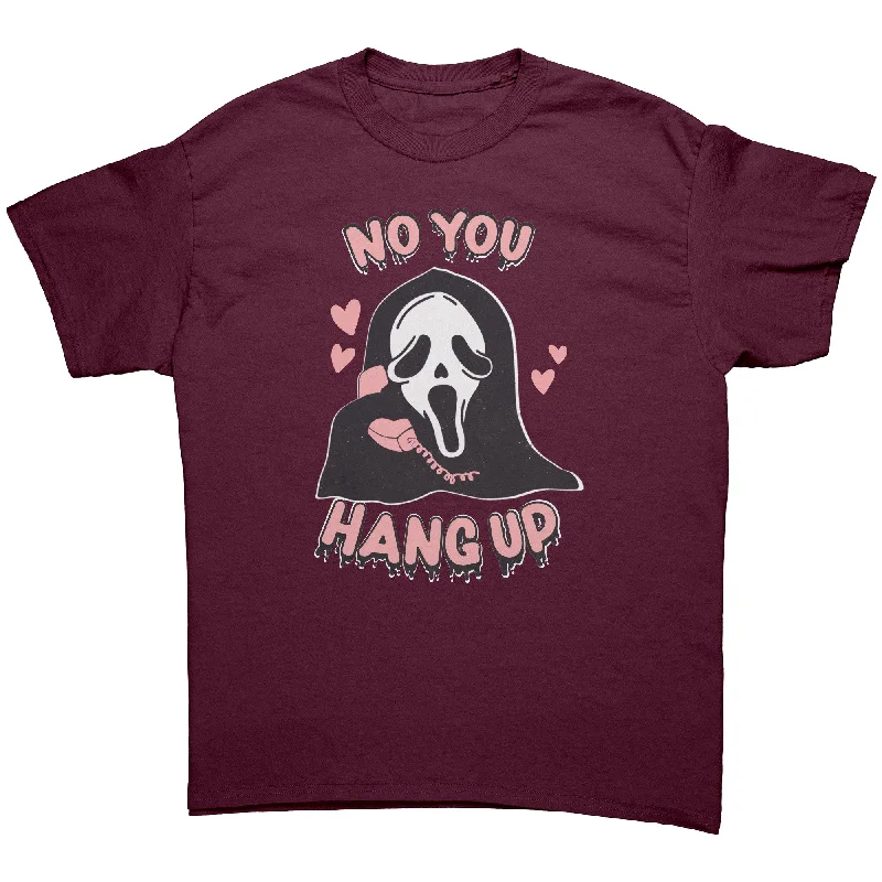 cozy long t-shirts -No You Hang Up Ghost Mask Halloween Unisex T-Shirt, Retro Worn Look Design