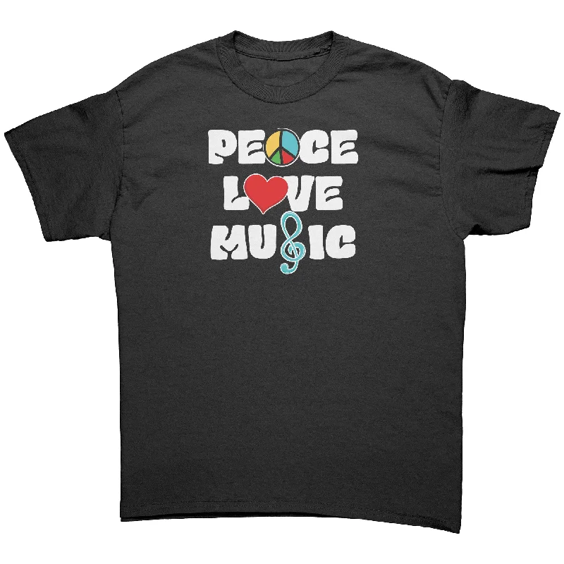 flowy hem t-shirts -PEACE LOVE MUSIC Unisex T-Shirt