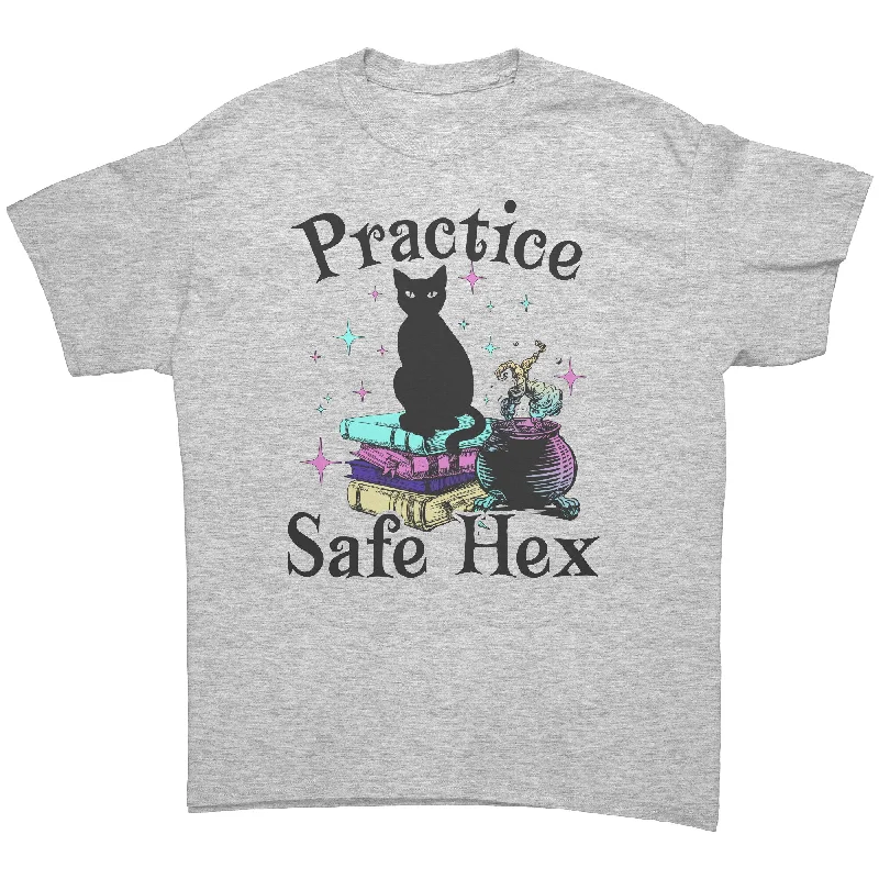 plain polished t-shirts -Practice Safe Hex Black Cat Witchy Unisex T-Shirt