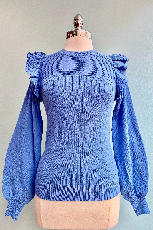 shaggy mohair pullover sweaters -Blueberry Shoulder Ruffle Crewneck Sweater