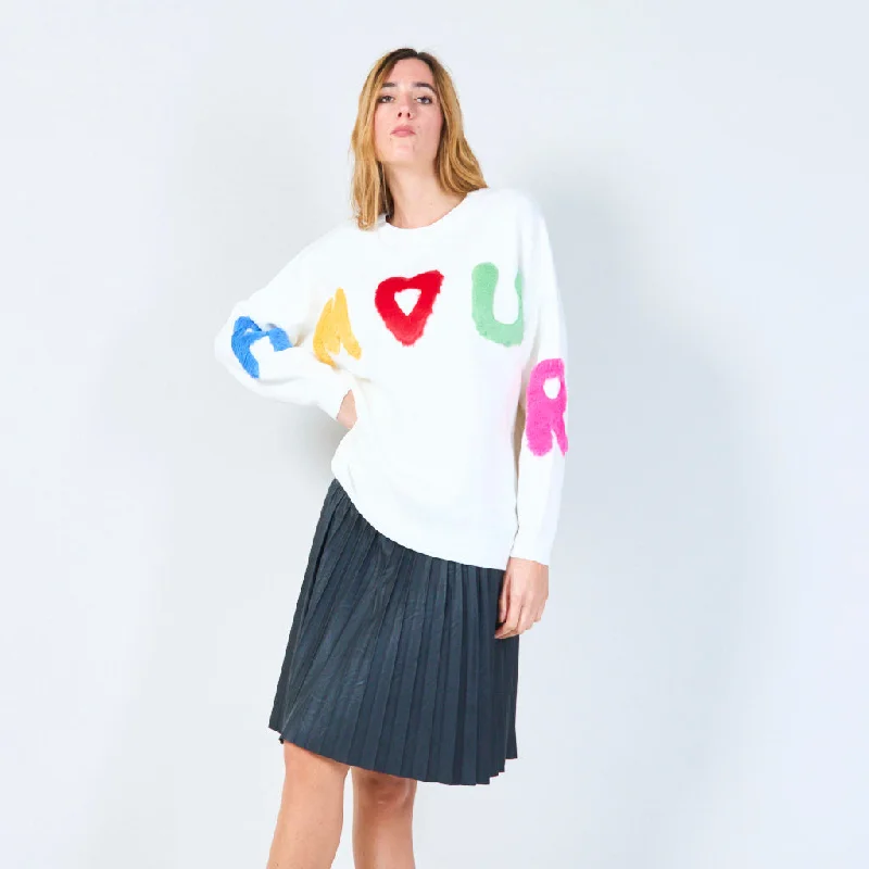 ribbed pullover sweaters for winter -Colorful letter applique sweater wholesale