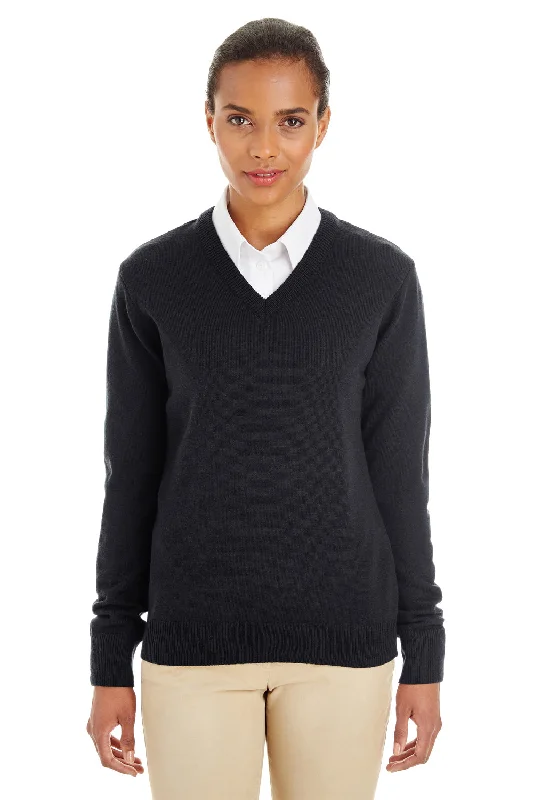 soft striped pullover sweaters -Harriton Womens Pilbloc Pill Resistant V-Neck Long Sleeve Sweater - Black