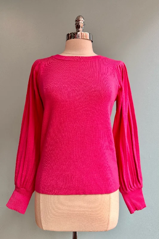 mock alpaca pullover sweaters -Hot Pink Pleated Puff Sleeve Sweater