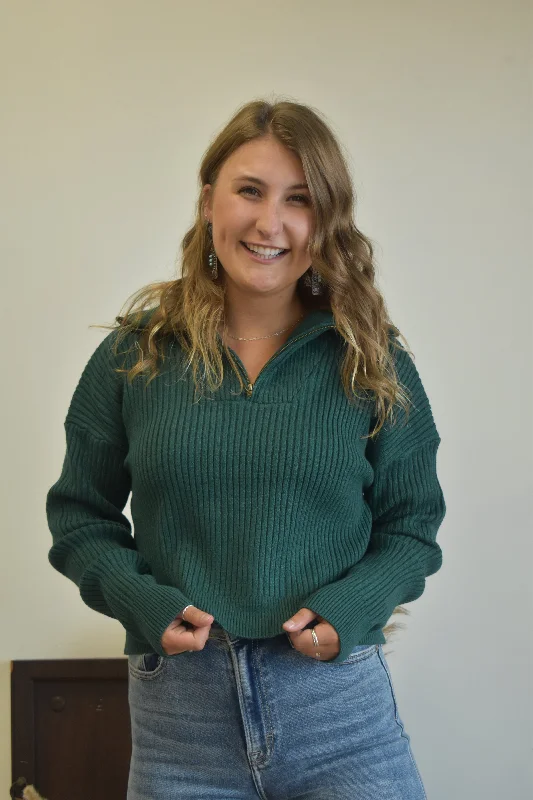 oversized mock-neck pullover sweaters -Hunter Green Quarter Zip Sweater