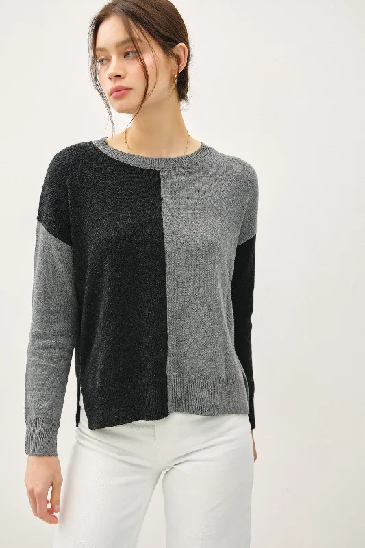 handwoven floral pullover sweaters -COLOUR BLOCK CREW NECK SWEATER